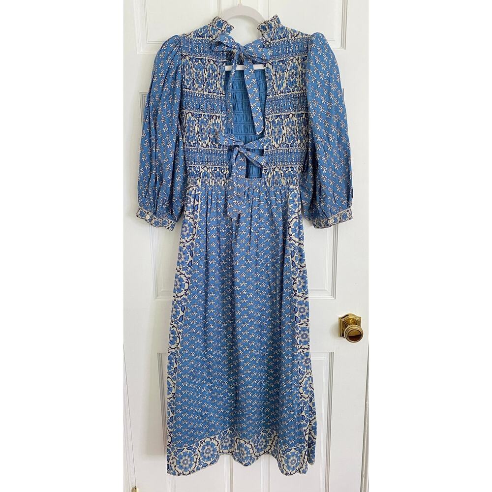 Sea New York Tuckernuck Fernanda Puff Sleeve Smocked Midi Dress Blue Cottage XS - Picture 6 of 14